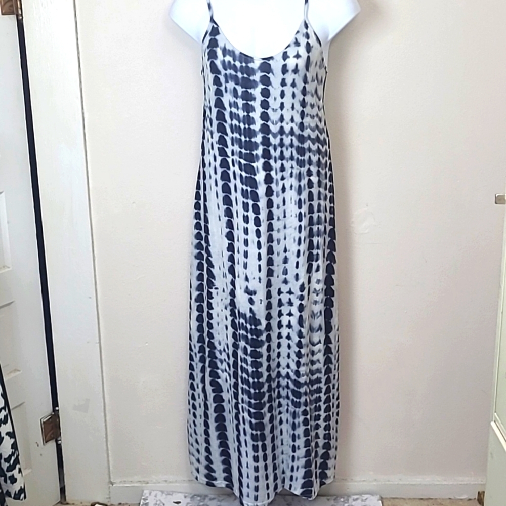 Sundress Maxi Stretchy adj Spaghetti straps tie dye navy blue on white Boho Y2k